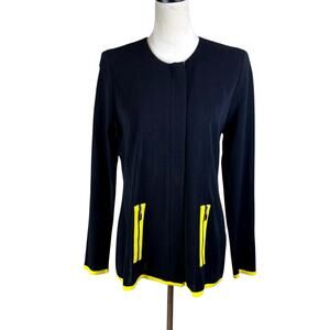 Exclusively Misook Black Knit Yellow Trim Covered Zipper Layering Jacket Blazer